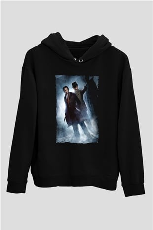 Unisex Sherlock Holmes Gölge Oyunları (Sherlock Holmes A Game of Shadows) Baskılı Siyah Kapüşonlu Sweatshirt