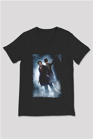 Unisex Sherlock Holmes Gölge Oyunları (Sherlock Holmes A Game of Shadows) Baskılı Siyah V Yaka Tshirt