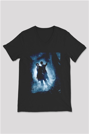 Unisex Sherlock Holmes Gölge Oyunları (Sherlock Holmes A Game of Shadows) Baskılı Siyah V Yaka T-shirt