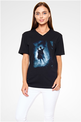 Unisex Sherlock Holmes Gölge Oyunları (Sherlock Holmes A Game of Shadows) Baskılı Siyah V Yaka T-shirt