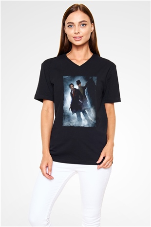 Unisex Sherlock Holmes Gölge Oyunları (Sherlock Holmes A Game of Shadows) Baskılı Siyah V Yaka Tshirt