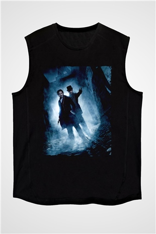 Unisex Sherlock Holmes Gölge Oyunları (Sherlock Holmes A Game of Shadows) Baskılı Siyah Kolsuz T-shirt
