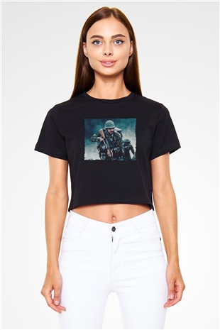 Unisex Shershaah Baskılı Siyah Crop Top T-shirt