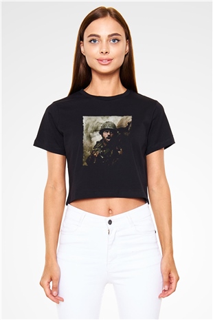 Unisex Shershaah Baskılı Siyah Crop Top Tişört