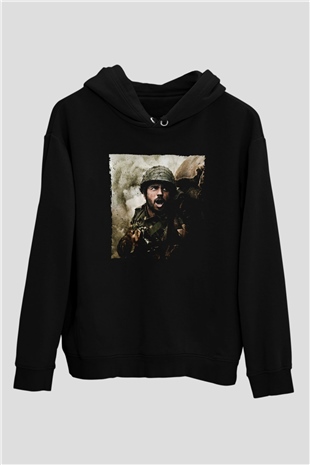 Unisex Shershaah Baskılı Siyah Kapüşonlu Sweatshirt