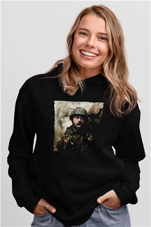 Unisex Shershaah Baskılı Siyah Kapüşonlu Sweatshirt