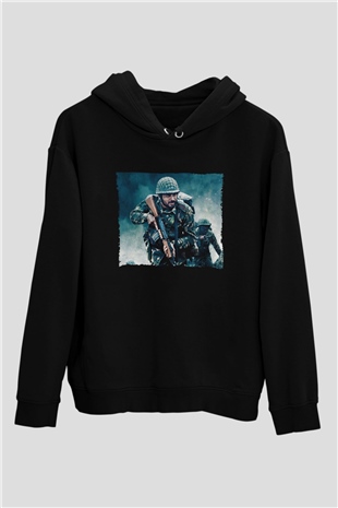 Unisex Shershaah Baskılı Siyah Kapüşonlu Sweatshirt