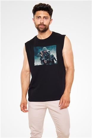 Unisex Shershaah Baskılı Siyah Kolsuz T-shirt