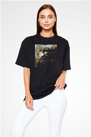 Unisex Shershaah Baskılı Siyah Oversize Tişört