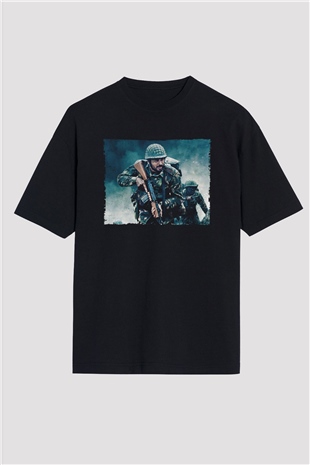 Unisex Shershaah Baskılı Siyah Oversize T-shirt