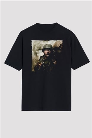 Unisex Shershaah Baskılı Siyah Oversize Tişört