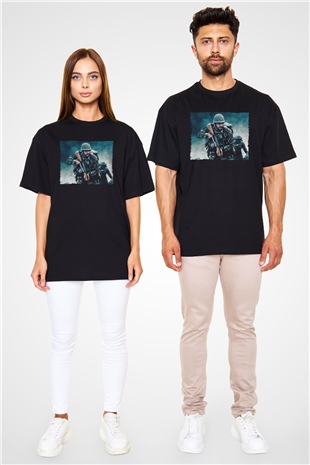 Unisex Shershaah Baskılı Siyah Oversize T-shirt