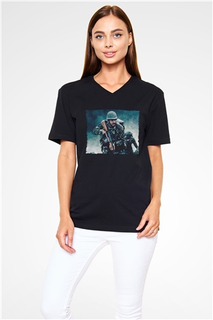 Unisex Shershaah Baskılı Siyah V Yaka T-shirt