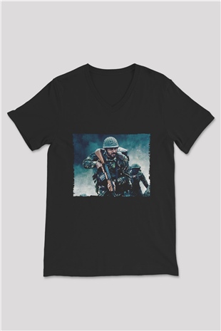 Unisex Shershaah Baskılı Siyah V Yaka T-shirt