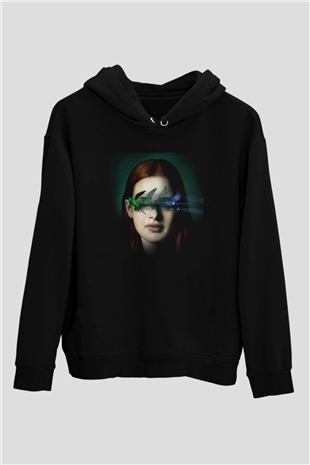 Unisex Sightless Baskılı Siyah Kapüşonlu Sweatshirt