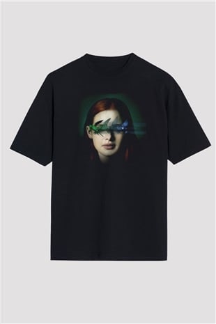 Unisex Sightless Baskılı Siyah Oversize Tişört