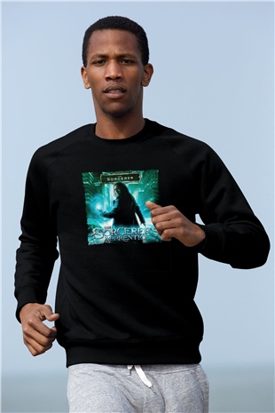 Unisex Sihirbazın Çırağı (The Sorcerers Apprentice) Baskılı Siyah Sweatshirt
