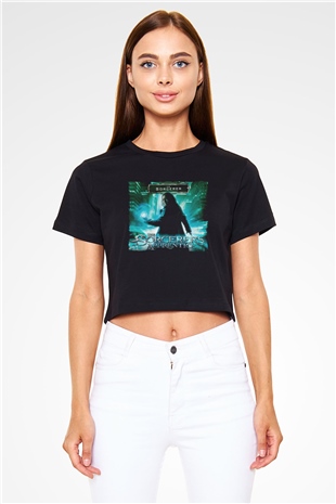 Unisex Sihirbazın Çırağı (The Sorcerers Apprentice) Baskılı Siyah Crop Top Tshirt