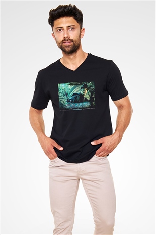 Unisex Sihirbazın Çırağı (The Sorcerers Apprentice) Baskılı Siyah Unisex V Yaka Tshirt