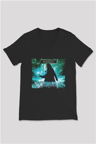 Unisex Sihirbazın Çırağı (The Sorcerers Apprentice) Baskılı Siyah V Yaka Tshirt