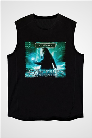 Unisex Sihirbazın Çırağı (The Sorcerers Apprentice) Baskılı Siyah Kolsuz Tshirt