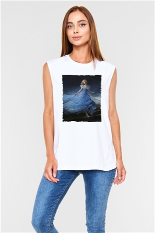 Unisex Sindirella - Cinderella Baskılı Beyaz Kolsuz Tişört