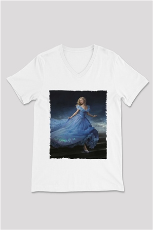 Unisex Sindirella - Cinderella Baskılı Beyaz V Yaka Tişört