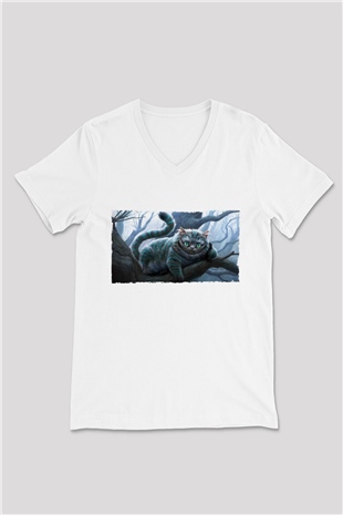 Unisex Sırıtan Kedi - Cheshire Cat Baskılı Beyaz V Yaka Tişört