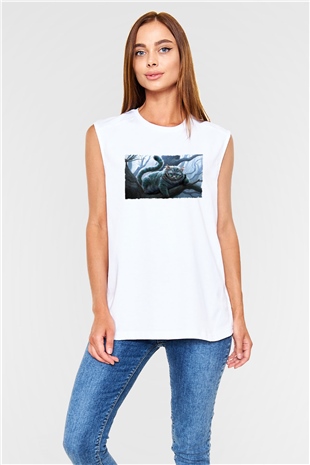Unisex Sırıtan Kedi - Cheshire Cat Baskılı Beyaz Kolsuz Tişört