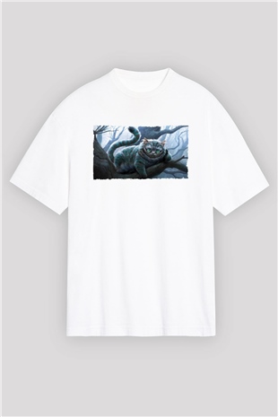 Unisex Sırıtan Kedi - Cheshire Cat Baskılı Beyaz Oversize Tişört
