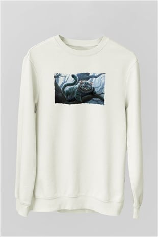 Unisex Sırıtan Kedi - Cheshire Cat Baskılı Beyaz Sweatshirt