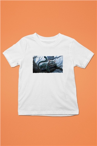 Unisex Sırıtan Kedi - Cheshire Cat Baskılı Beyaz Çocuk Tişört