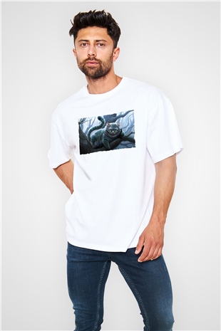 Unisex Sırıtan Kedi - Cheshire Cat Baskılı Beyaz Oversize Tişört