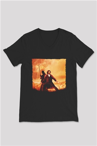 Unisex Son Samuray (The Last Samurai) Baskılı Siyah V Yaka Tshirt