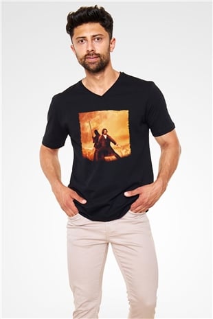 Unisex Son Samuray (The Last Samurai) Baskılı Siyah V Yaka Tshirt