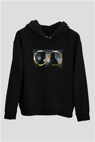 Unisex Sonsuz (Infinite) Baskılı Siyah Kapüşonlu Sweatshirt