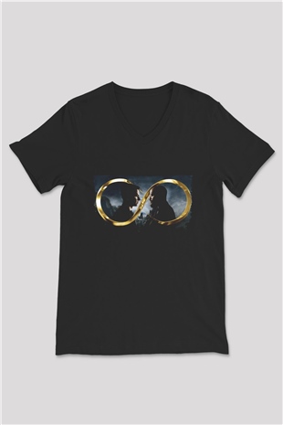 Unisex Sonsuz (Infinite) Baskılı Siyah V Yaka Tişört