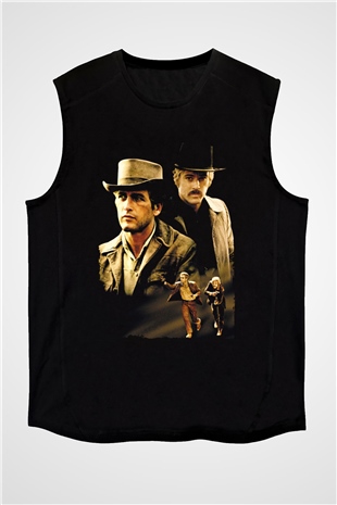 Unisex Sonsuz Ölüm (Butch Cassidy and the Sundance Kid) Baskılı Siyah Kolsuz Tişört