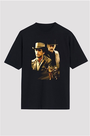 Unisex Sonsuz Ölüm (Butch Cassidy and the Sundance Kid) Baskılı Siyah Oversize Tişört
