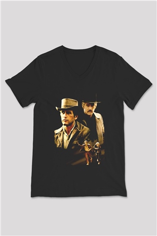 Unisex Sonsuz Ölüm (Butch Cassidy and the Sundance Kid) Baskılı Siyah V Yaka Tişört