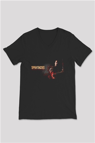 Unisex Spartacus War of the Damned Baskılı Siyah V Yaka Tshirt