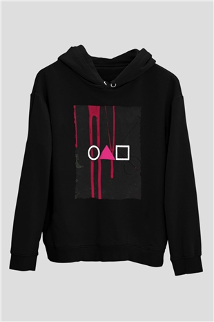 Unisex Squid Game Baskılı Siyah Kapüşonlu Sweatshirt