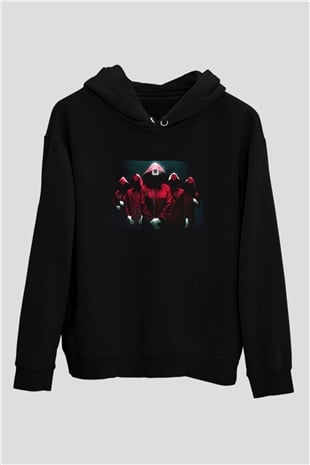 Unisex Squid Game Baskılı Siyah Kapüşonlu Sweatshirt