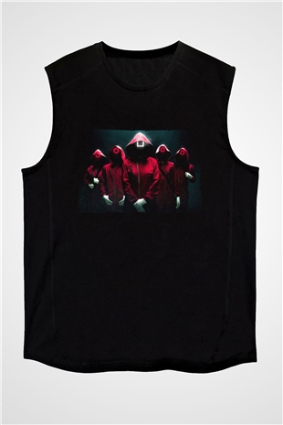 Unisex Squid Game Baskılı Siyah Kolsuz T-shirt