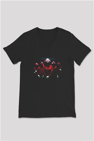 Unisex Squid Game Baskılı Siyah V Yaka T-shirt