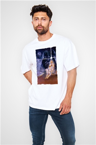 Unisex Star Wars Baskılı Beyaz Oversize Oversize T-shirt