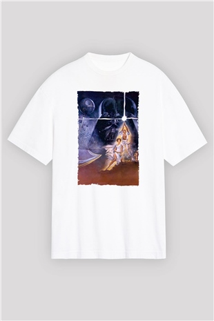 Unisex Star Wars Baskılı Beyaz Oversize Oversize T-shirt