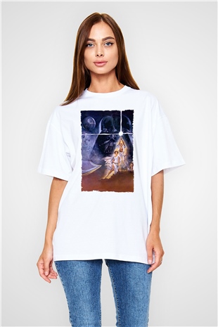 Unisex Star Wars Baskılı Beyaz Oversize Oversize T-shirt