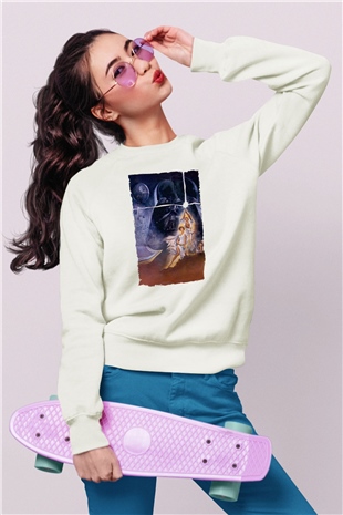 Unisex Star Wars Baskılı Beyaz Sweatshirt