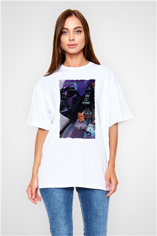 Unisex Star Wars Baskılı Beyaz Oversize T-shirt